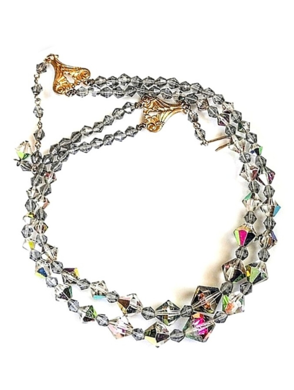 🖤 Vintage 2 Strand Black Diamond Volcano AB Faceted Glass Crystal Bead Necklace